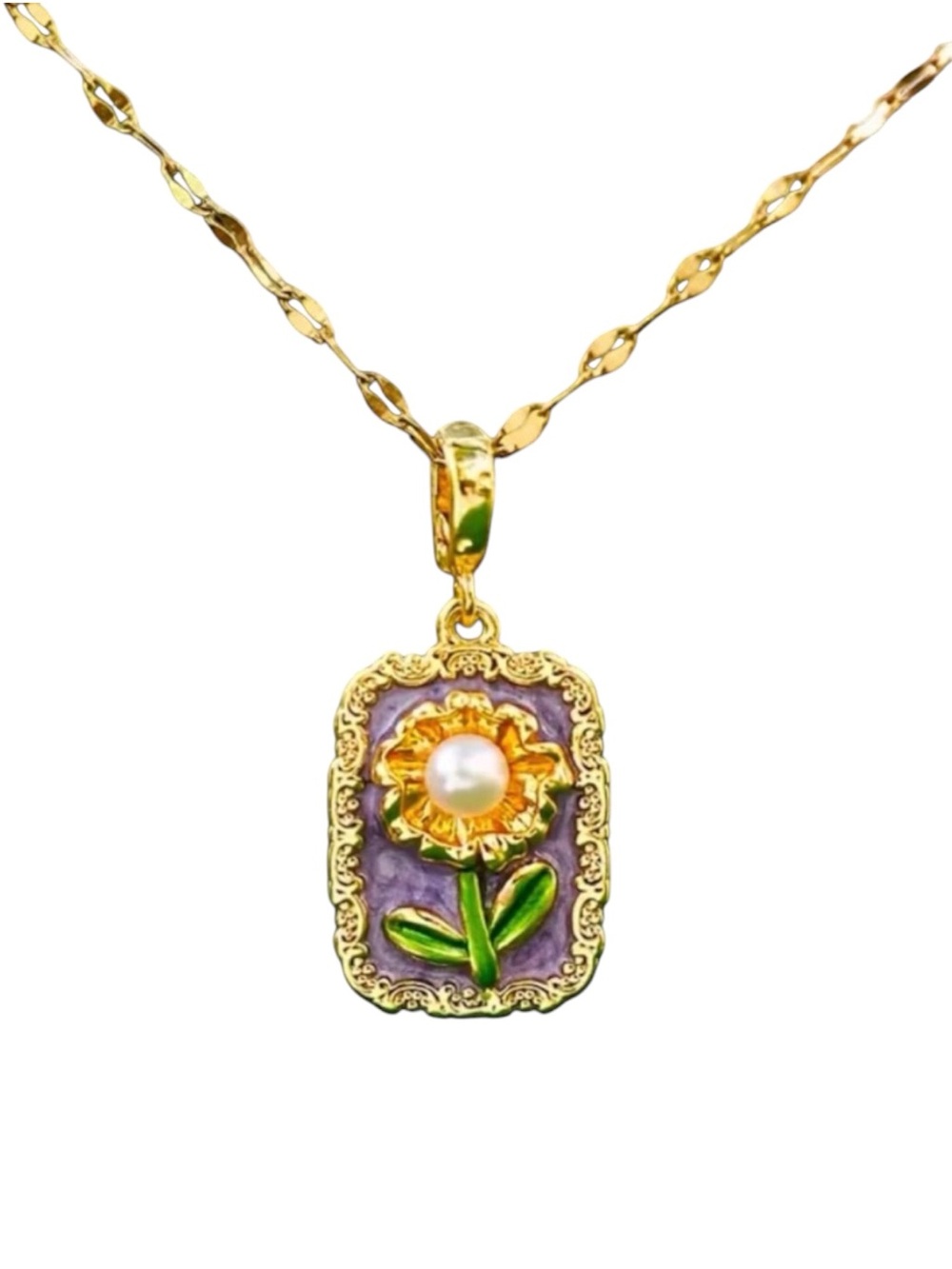 Gold Sunflower inlaid Pearl Art Pendant Necklace in Purple and Green. New.